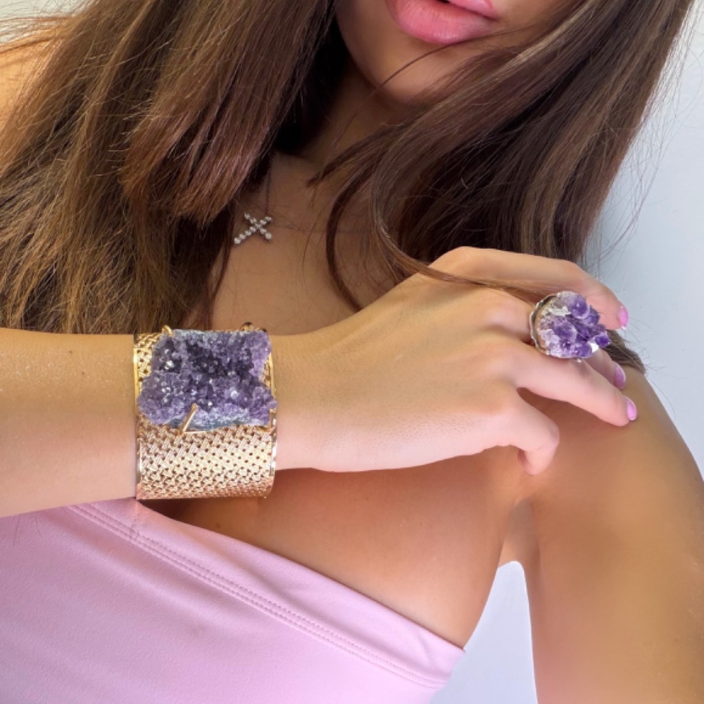 18 K Gold Platted Druzy Amethyst Statement Bracel… - image 1